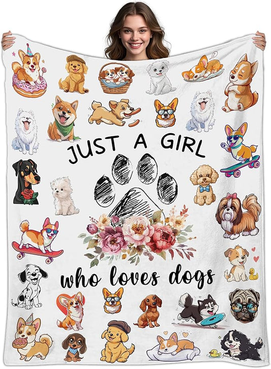 Dog Lovers Gifts for Women, Just A Girl Who Loves Dogs, Blanket with Dogs On It, Dog Lover Blankets for Girls, Puppys Gifts for Women Girl Kids, Puppys Theme Blanket 50" X 60"