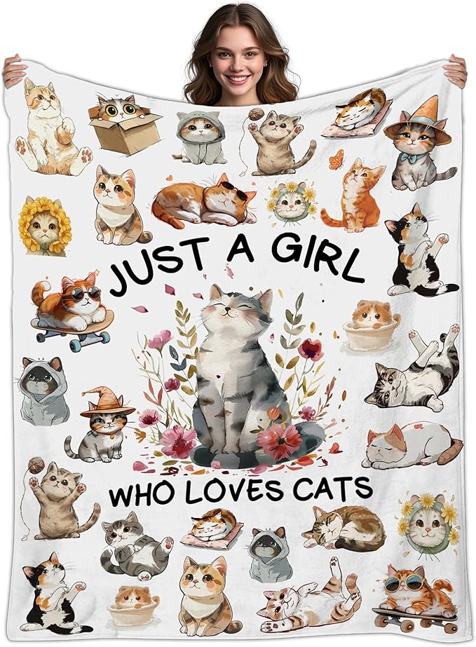 Cat Gifts for Women, Cat Blanket for Women, Just A Girl Who Love Cats, Cartoon Cats Blankets for Girls 60" X 80"