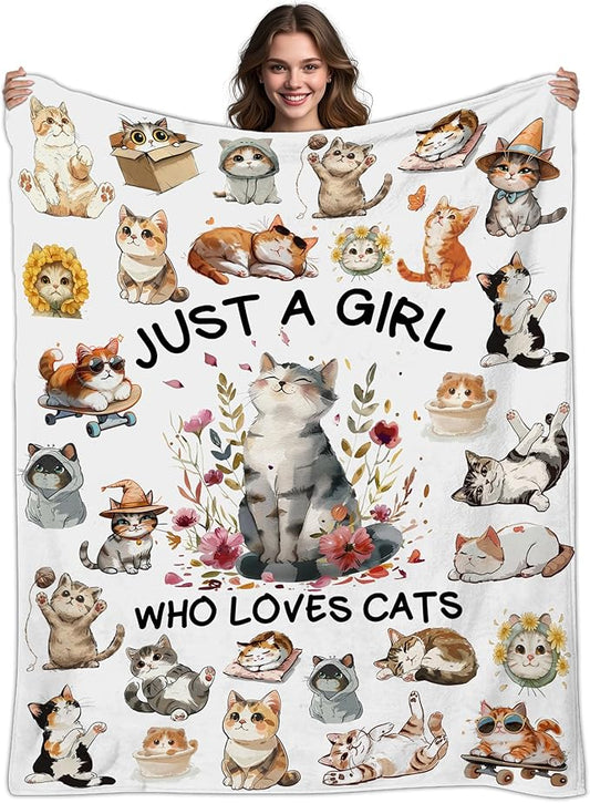 Cat Gifts for Women, Cat Blanket for Women, Just A Girl Who Love Cats, Cartoon Cats Blankets for Girls 60" X 80"
