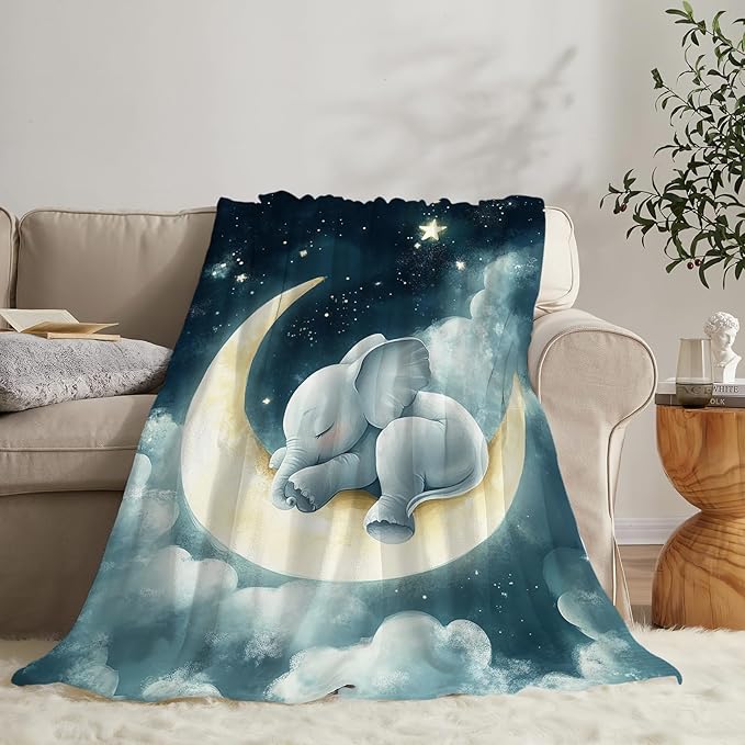Ultra Soft Cozy Cute Elephant Moon Blanket - Fleece Fuzzy Plush - Lovers Decor Gifts for Women, Girls, Adults - 80"x60"
