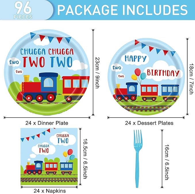 96 Pcs Train Party Plates Napkins Forks Supplies Favors Tableware Set Disposable Paper Chugga Chugga Two Two 2nd Birthday Decorations, Serves 24 Guests