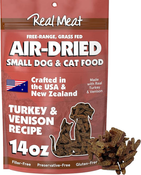 Real Meat Air Dried Cat Food & Dog Food w/Real Turkey & Venison - 14oz of USA-Crafted Grain-Free Dry Dog & Cat Food Sourced from All-Natural Free-Range Venison & Turkey - High Protein Pet Food