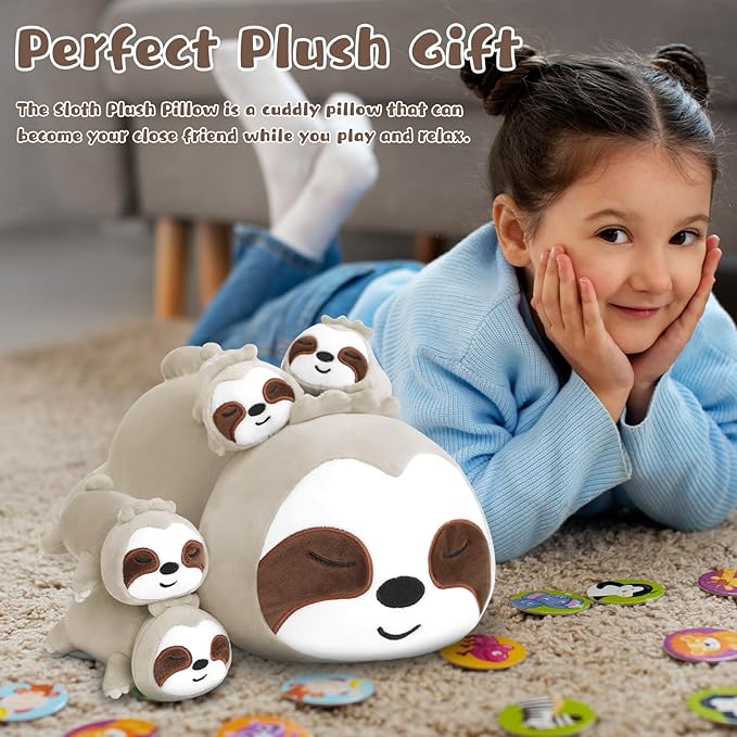 Sloth Stuffed Animal Cute Sloth Plush Pillow with 4 Baby Plushies in Her Tummy, Soft Cotton Stuffed Animals Toy Gifts for Kids