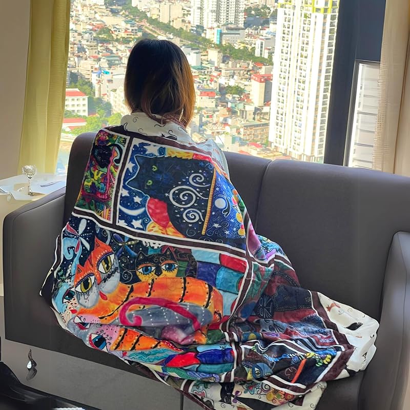 Throw Blanket - Colorful Cat Design Boho Blanket, Ultra Soft Rustic Quilt For Sofa, Couch, Bed, Bath Towels - Lightweight Bohemian Blankets - Cute Decorative Throw Coverlet (59x71 inch)