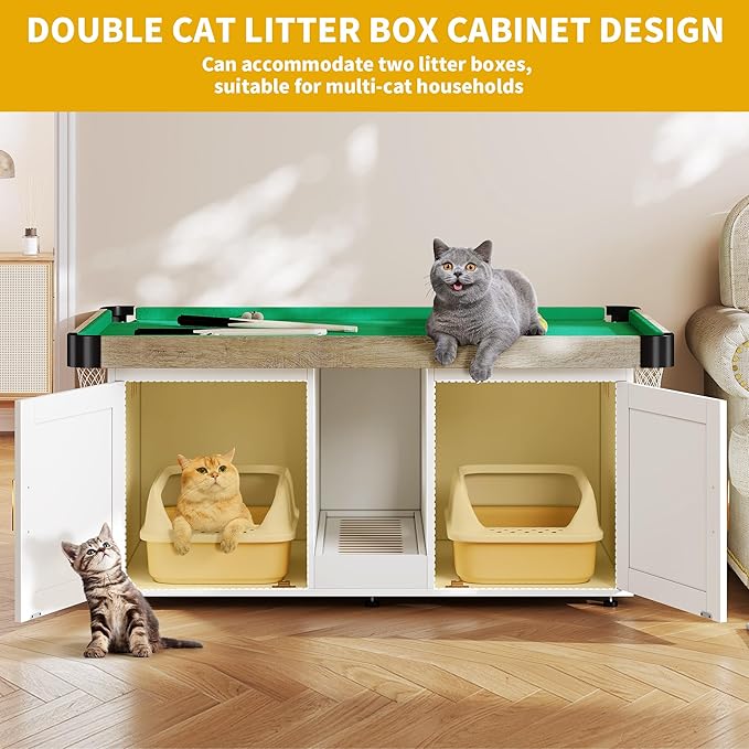 DWVO 4 in 1 Cat Toys Mini Pool Table for Cats, Litter Box Enclosure for 2 Cats, Cat Pool Table Tower with Feather Wand Interactive Exercise Play Rest Beds & Litter Box Furniture, White, Large