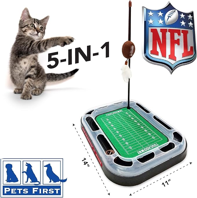 Cute Cat Toy NFL SAN FRANCISCO 49ERS FOOTBALL FIELD CAT SCRATCHER TOY with CATNIP Filled Plush FOOTBALL Toy & Feather Cat Toy hanging, with Jingle Bell INTERACTIVE BALL Cat Chasing 5-in-1 KITTY Toy