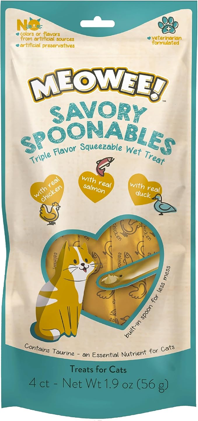 Savory Spoonables with Real Chicken, Salmon & Duck, 4 Count Tube, Triple Flavor Squeezable Lickable Wet Treats for Cats with Built-in Spoon for Less Mess