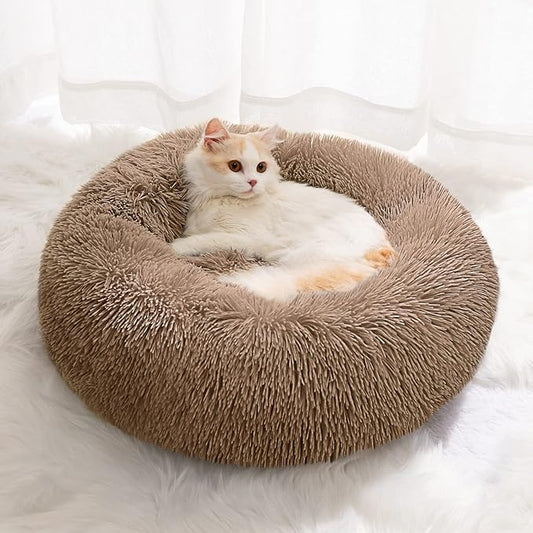 Small Cat Bed for Indoor Cats, Self-Warming Donut Kitty Bed for Small Cats Keeping Warm, Washable Pet Bed with Anti Slip Base, LightCoffee 20‘’