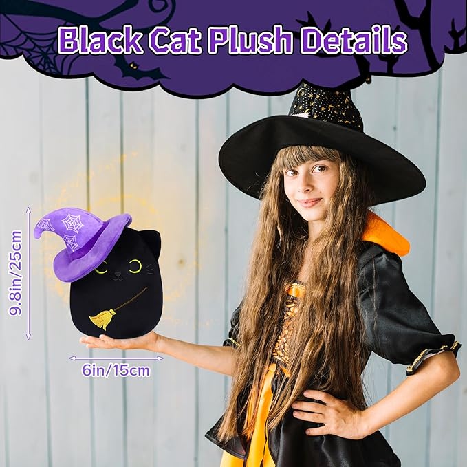 Black Cat Plush, 8Inch Black Cat Stuffed Animals with Witch Hat, Cute Black Cat Plushie Doll, Soft Stuffed Cat Plush Toys for Kids Boys Girls Birthday Christmas Party Favor Decoration