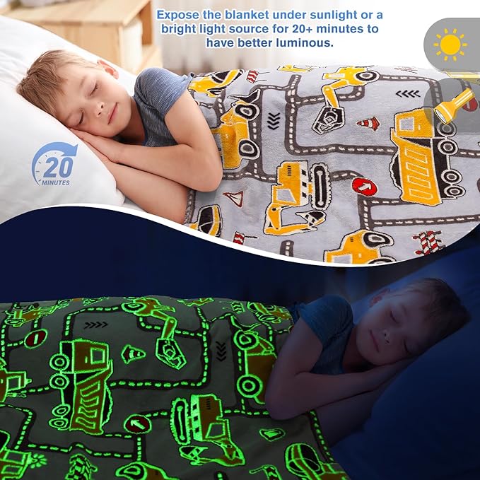 Construction Truck Toys Gifts for Boys - Glow in The Dark Excavator Blanket Birthday Valentines Easter Christmas Decor Presents for Kids Age 1-14 Years Old Teens Child Toddler Son Soft Throw 50"x60"