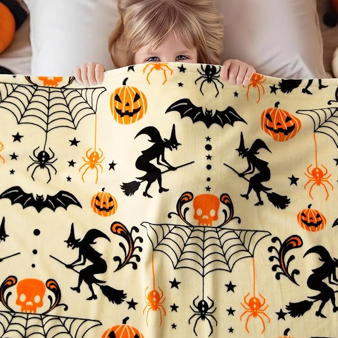 Pumpkin Halloween Blanket 50” x 70” Reversible Witch's Hat Spider Webs Print Fleece Throw Blanket, 320 GSM Surper Soft Warm Cozy Blanket for Couch Sofa, Halloween Harvest Gifts and Orange Home Decor