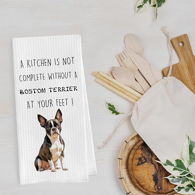 Boston Terrier Dish Towels Set - Decorative Waffle Weave Kitchen Hand Tea Towels, Funny Gift (1624 Inches, Set of 2)