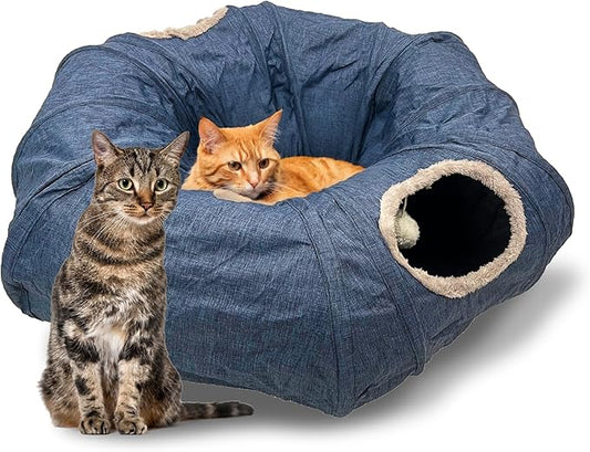 Cat Tunnel 3 Ways Play Tunnel, Durable Cationic Fabric Collapsible Breathable Cat Hideout with Rest Mat, All Season O S C Shape Cat Play Tunnel Toys for Indoor Small Medium Large Cats (Blue)