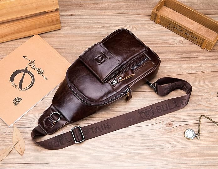 BULLCAPTAIN Mens Genuine Leather Sling Crossbody Bag Travel Casual Multi-pocket Chest Bag Hiking Backpacks