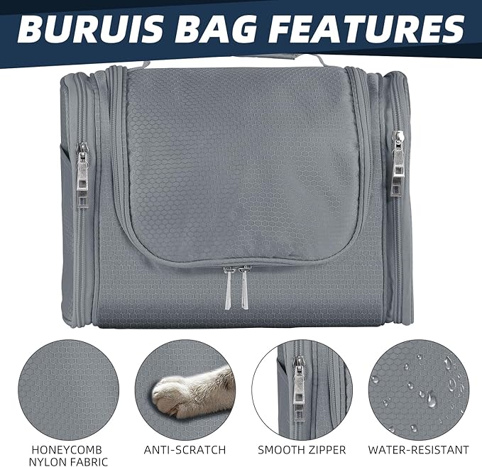 Buruis Large Capacity Toiletry Bag for Women and Men, Hanging Toiletry Organizer Cosmetics Makeup Bag, Water-resistant Dopp Kit Shaving Bags for Full Sized Toiletries, Travel Essentials (Gray)
