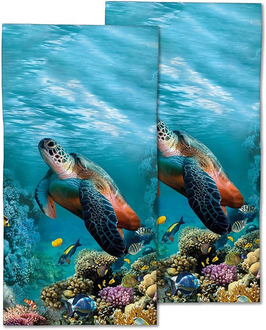 2 Pack Hand Bath Towel,Sea Turtle Fingertip Towel Bathtub Decorative Bath Towel Bathroom Kitchen Towel Set Highly Absorbent SPA Gym Towels 14x28 Inch