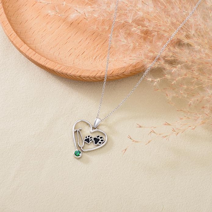 Birthstone Veterinary Stethoscope Necklace 925 Sterling Silver Nurse Vet Pendant with Dog Paw Nurse Jewelry Gifts for Veterinarian Nurse Women Veterinarian Gifts