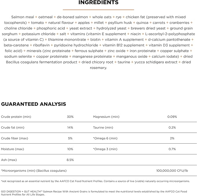 Go! Solutions Digestion + Gut Health, Dry Cat Food, Salmon Recipe with Ancient Grains, 8 lb Bag