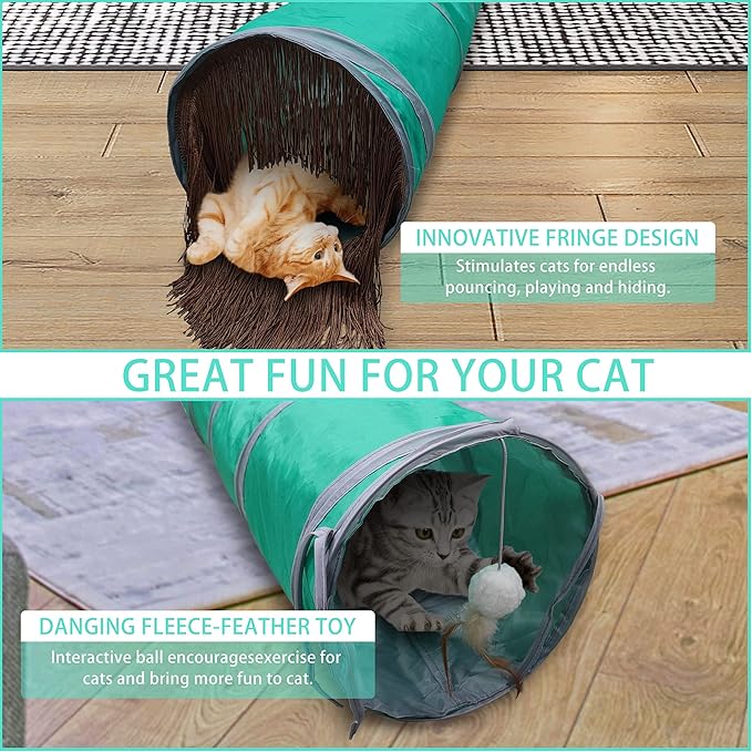 Petest Cat Tunnel for Indoor Cat Collapsible Cat Play Tube with Play Ball and Fringe, Interactive Pet Crinkle Tunnel for Kittens, Length 47 inch, Diameter 9.7 inch