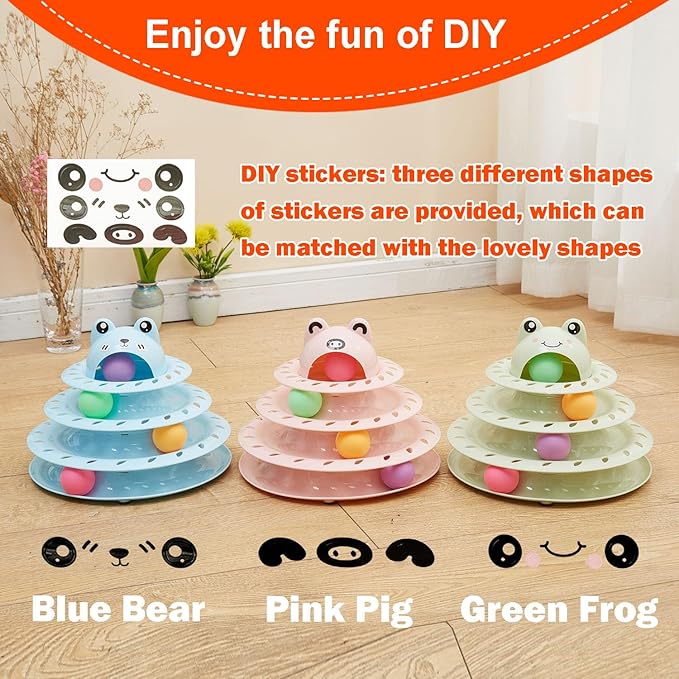 Cat Toys, 4-Level Turntable Ball Track Interactive Cat Toy for Indoor Cats, Self Play Fun Roller with Colorful Rotating Ball Puzzle Exercise Kitten Toys (Green)