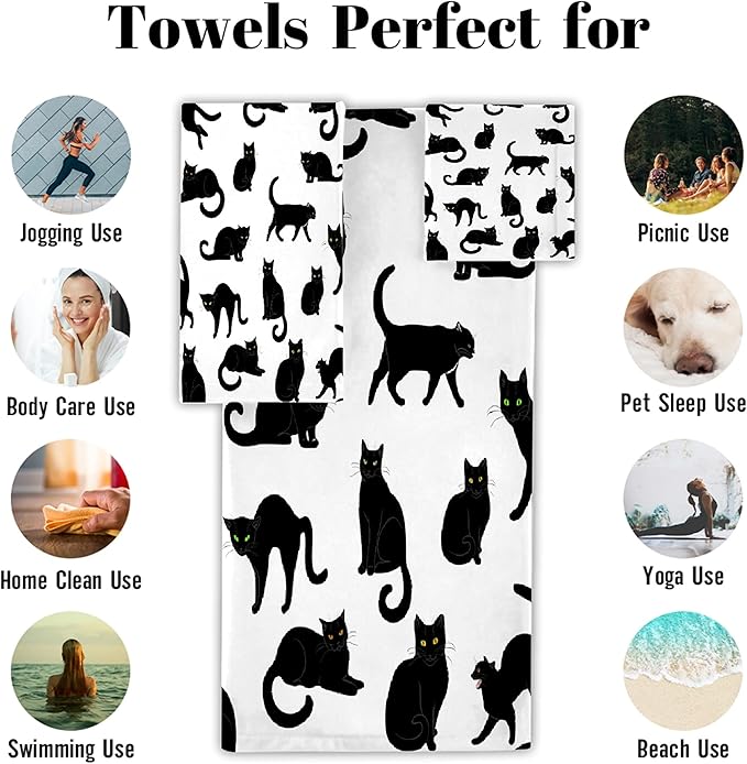 Black Cats 3 Piece Towel Bathroom Sets, 1 Bath Towel, 1 Washcloth, 1 Hand Towel, Cotton Fast Dry Soft Absorbent Towel Set for Home Kitchen Family