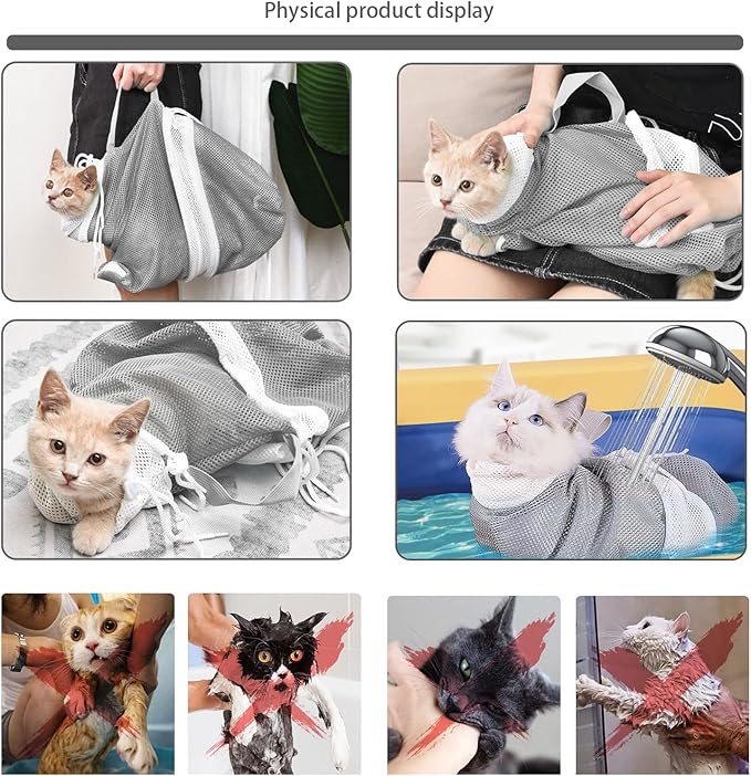 Adjustable Multifunctional Anti-Bite Shower net Bag，Cat Grooming Mesh Bag, Cat Bathing Bag，Cat Bath Brush and Pet Finger Toothbrush (B-Grey)