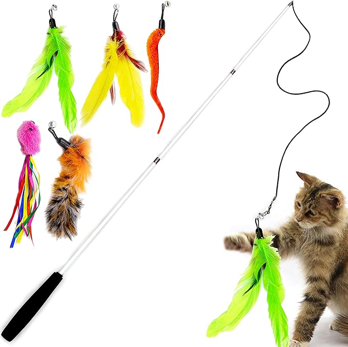 Youngever 6 Pieces Cat Toys Teasing Feather Toy, Retractable Wand with Assorted Teaser Refills, Interactive Toy for Kitten Cat