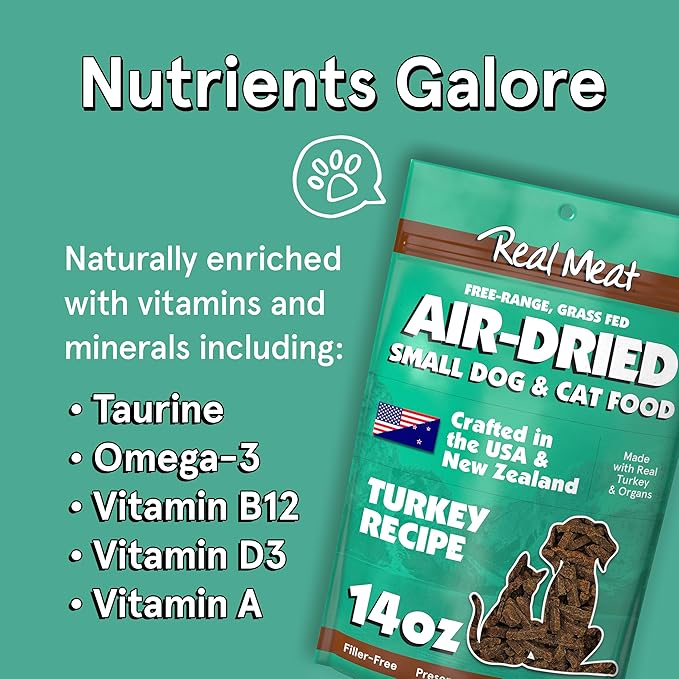 Real Meat Air Dried Cat Food & Dog Food w/Real Turkey - 14oz of USA-Crafted Grain-Free Dry Dog & Cat Food Sourced from Free-Range, Cage-Free Turkey - All Natural, High Protein Pet Food