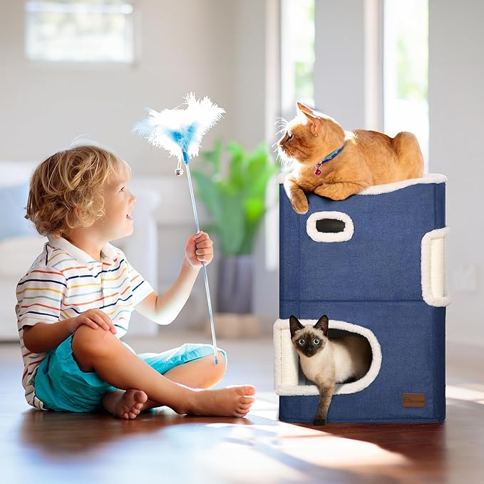 YITAHOME 2-Tier Cat House, Indoor Cat Cave Bed Playhouse, Flannel & Cool Mat, Covered Cat Beds with Scratch Pad and Hideaway Cave, Cute Modern Cat Condo Furniture for Multi Small Cats, Blue