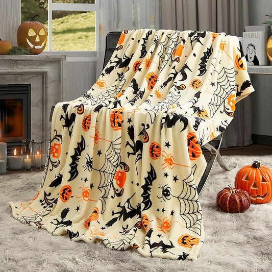 Pumpkin Halloween Blanket 50” x 70” Reversible Witch's Hat Spider Webs Print Fleece Throw Blanket, 320 GSM Surper Soft Warm Cozy Blanket for Couch Sofa, Halloween Harvest Gifts and Orange Home Decor