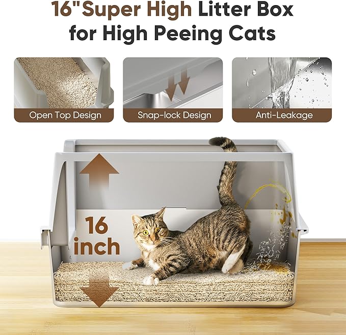 16" High Sides Stainless Steel Litter Box with Lid, XL XXL Extra Large Enclosed Metal Litter Box for Big Cats & Kitty, Never Absorbs Odors, Non-Sticky, Anti-Urine Leakage, Easy Cleaning