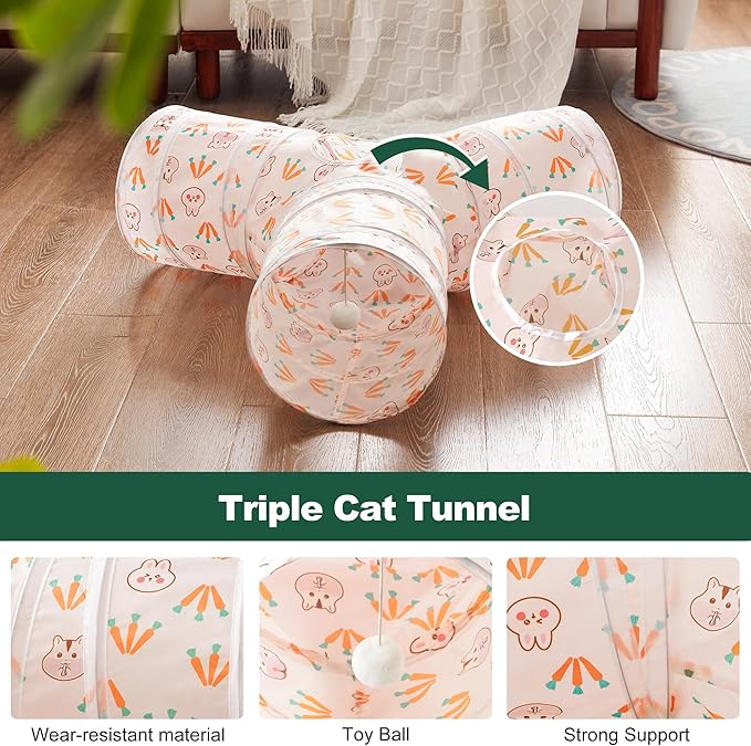 Love's cabin Cat Tunnel Tube Cat Toys 3 Way Collapsible, Cat Tunnels for Indoor Cats，Kitten Tunnel Bored Cat Play Tunnel with Peek Hole Toy Ball for Cat, Kitty, Kitten, Rabbit, Puppy Pink-Rabbit
