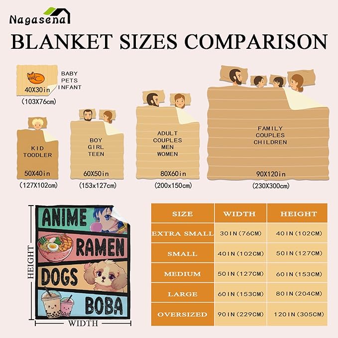 Anime Blanket for Girls - Kawaii Decor for Women, Ramen Dogs Boba Flannel Blanket - Luxurious Warm and Cozy, S 40X50 Inch for Kids/Child