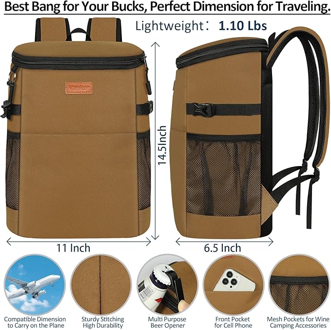 Camping Cooler Backpack 30 Cans, Soft Backpack Coolers Insulated Leak Proof Travel Cooler Bag Waterproof Lunch Picnic Beach Work Trip Thermal Bag Drink Beverage Beer Bag Cooler