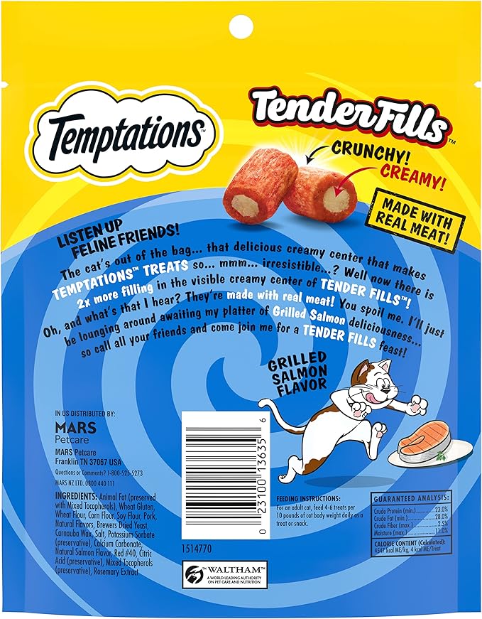 Temptations Tender Fills Grilled Salmon Flavor Crunchy and Soft Adult Cat Treats, 4.6 oz. Pouch (Pack of 10)