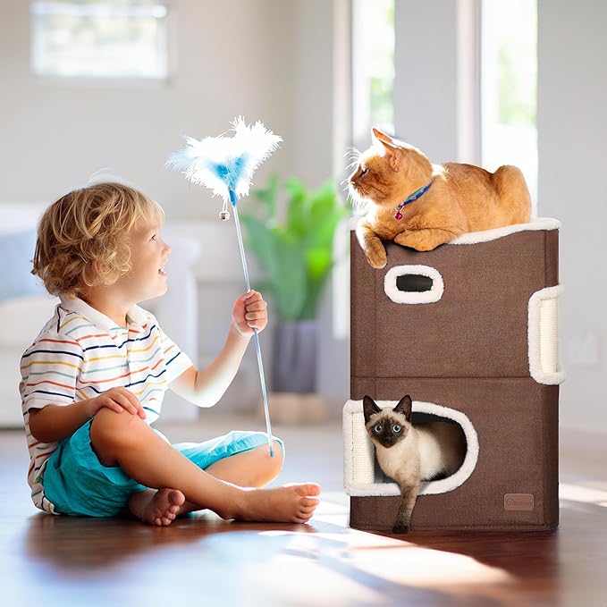 YITAHOME 2-Tier Cat House, Indoor Cat Cave Bed Playhouse, Flannel & Cool Mat, Covered Cat Beds with Scratch Pad and Hideaway Cave, Cute Modern Cat Condo Furniture for Multi Small Cats, Brown