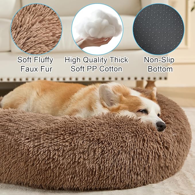 Dog Bed Calming Dog Beds for Small Medium Large Dogs - Round Donut Washable Puppy Dog Bed, Anti-Slip Faux Fur Fluffy Donut Cuddle Anxiety Cat Pet Bed(24 Khaki