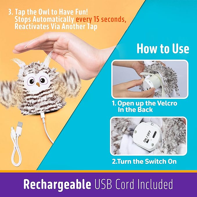 Interactive Cat Toy Rechargeable Automatic Chirping Owl Cat Toy with Catnip, Auto Beating Wings Flying Bird Cat Toys for Indoor Cats to Play Alone, Never Boredom