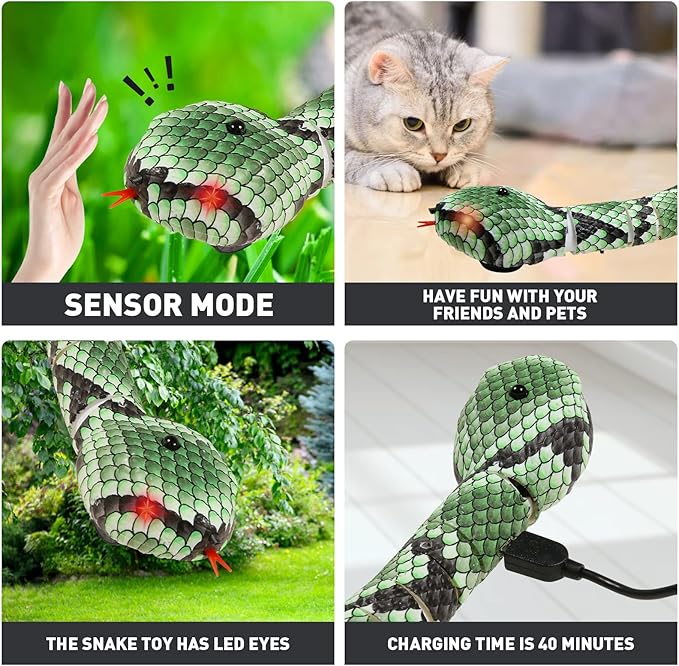 Cat Toys Snake Interactive,Kitten Toys,Realistic Simulation Smart Sensing Snake Toy,USB Rechargeable,Automatically Sense Obstacles and Escape,Tricky Snake for Indoor Cats Dogs(Green Snake)