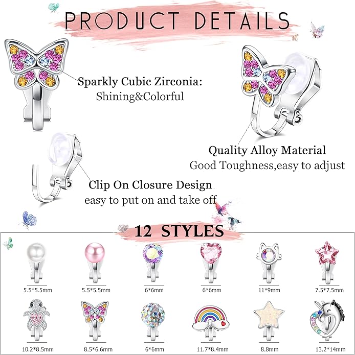 BESTEEL 12 Pairs Clip on Earrings for Women Cute CZ Cat Pearl Star Heart Turtle Butterfly Clip Earring Hypoallergenic Fake Clip-on Stud Non Pierced Earrings Set Multicolored Silver