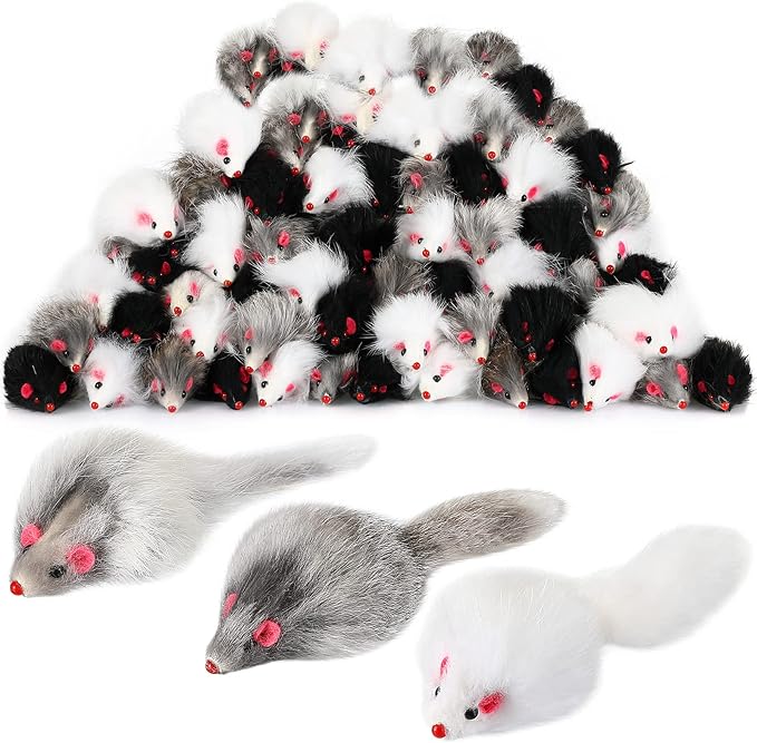 60 Pcs Furry Mice Interactive Catch Play Rabbit Fur Mouse Cat Toy Rattle Sound Rat Plush for PET Cats and Kittens, 3 Colors