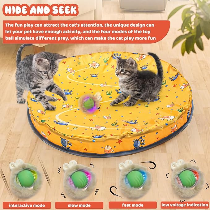 Interactive Cat Toy Ball,Self Rolling Cat Ball in Pouch Fixed with Wire Rim,Rechargable Automatic Motion Activated Moving Toy with 3 Working Modes,Hide and Seek Mouse Catching Game,28 Inch