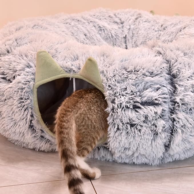 Cat Tunnel Bed for Indoor Cats, Soft Plush Donut Peekaboo Cat Cave, Multifunctional Playground Toy for Small Medium Large Cats, Kittens, Rabbits, Ferrets, with Washable Cushion(Grey)
