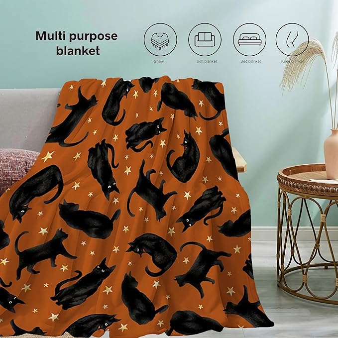 Cute Black Cats Blanket Gifts for Cat Lovers Girl, Halloween Throw Stars Plush Moon Blankets for Girls Women Lightweight Flannel Fleece Christmas Bedding for Chair Couch Bed Gift for Kids 40x50In