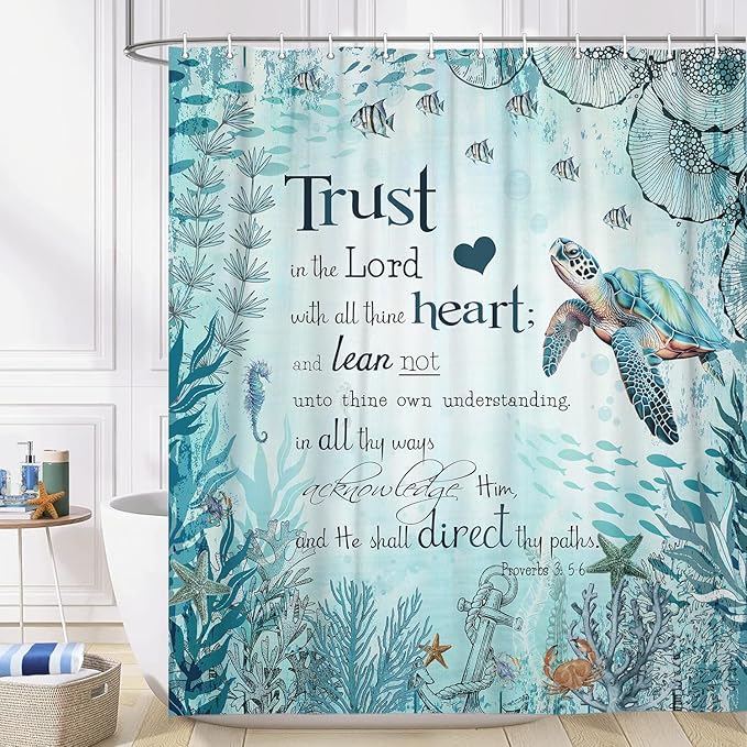 Beach Sea Turtle Bible Verse Shower Curtain, Cool Turtle on Blue Teal Coastal Nautical Theme Shower for Bathroom, Underwater Animal Fish Seashell Jellyfish 70X70IN