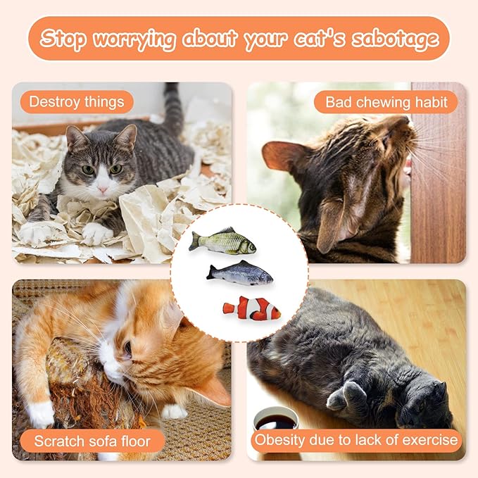 Andiker Cat Interactive Toys (3Pcs), Cotton Filled Catnip Fish-Shaped Toys for Indoor Cats, Cat Toy Set for All Breed Sizes