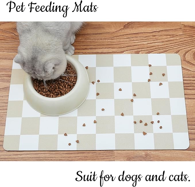 Ralxion Checkered Dog Feeding Mat, Absorbent Mats for Dog Food and Water Bowl, Dispenser, Retro Aesthetic Khaki Beige Checkerboard Pet Placemat for Dogs, Cats, Puppy Accessories, 12" X 19”