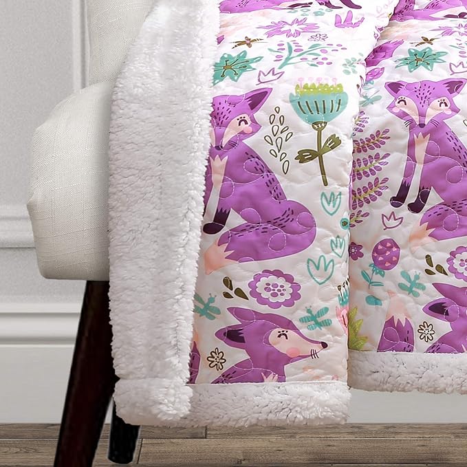 Lush Decor Pixie Fox Reversible Sherpa Throw Blanket, 50” W x 60"L, Purple & Pink - Quilted Toddler Blankets For Girls - Colorful Floral Print- Soft & Fluffy Kids Blanket For Bed, Couch Or Chair