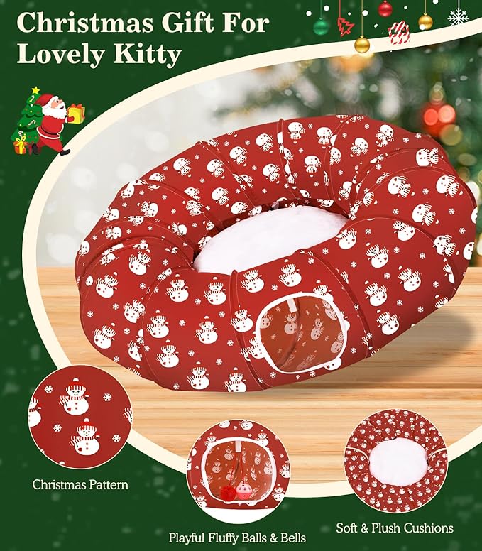 Pawaboo Cat Tunnel Bed Under Christmas Tree, 35.4'' Christmas Cat Toy Circle Tunnel with Toy Ball, Decorative Christmas Festive Foldable Kitty Tube Tunnel for Cat Small Animal (Red Snowman)