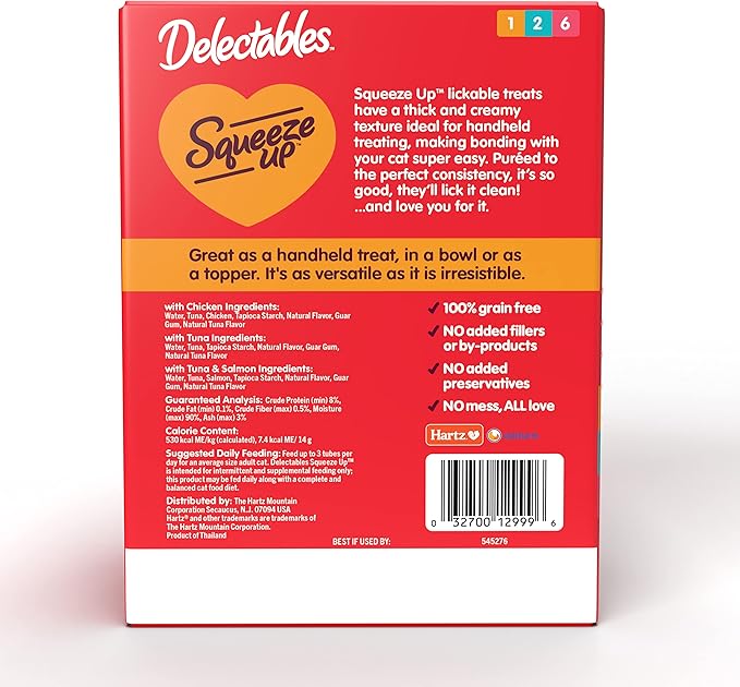 Delectables Squeeze Up Variety Pack, Creamy Squeezable Puree, Lickable Wet Cat Treats, Grain Free, No Added Fillers, No by-Products, No Added Preservatives, 0.5 Ounces Tube, 54 Tubes Total